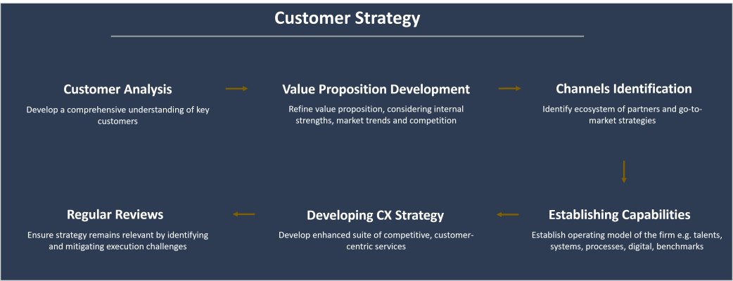 A diagram of customer strategy with six elements